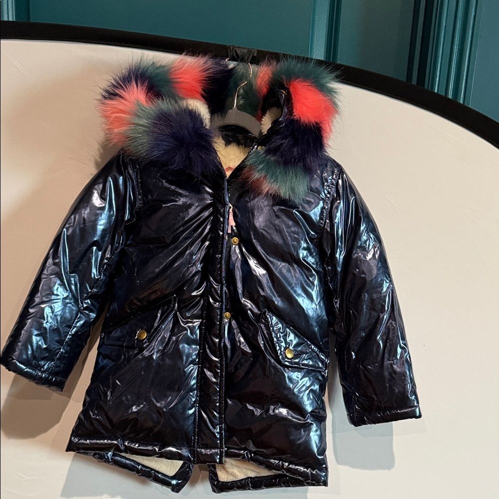 Crewcuts Shiny Navy Coat with Colorful Fur Hood